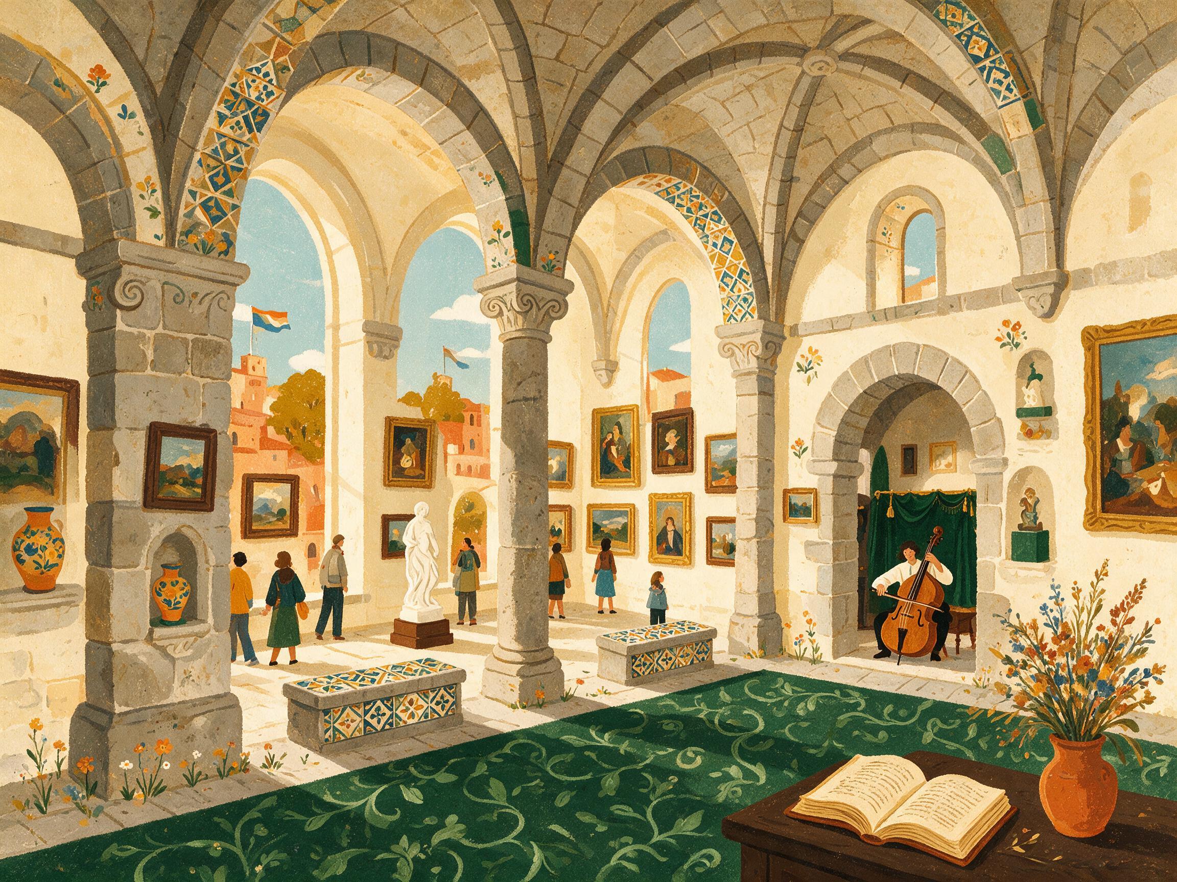 Ilustración del interior de un palacio histórico convertido en sala de arte