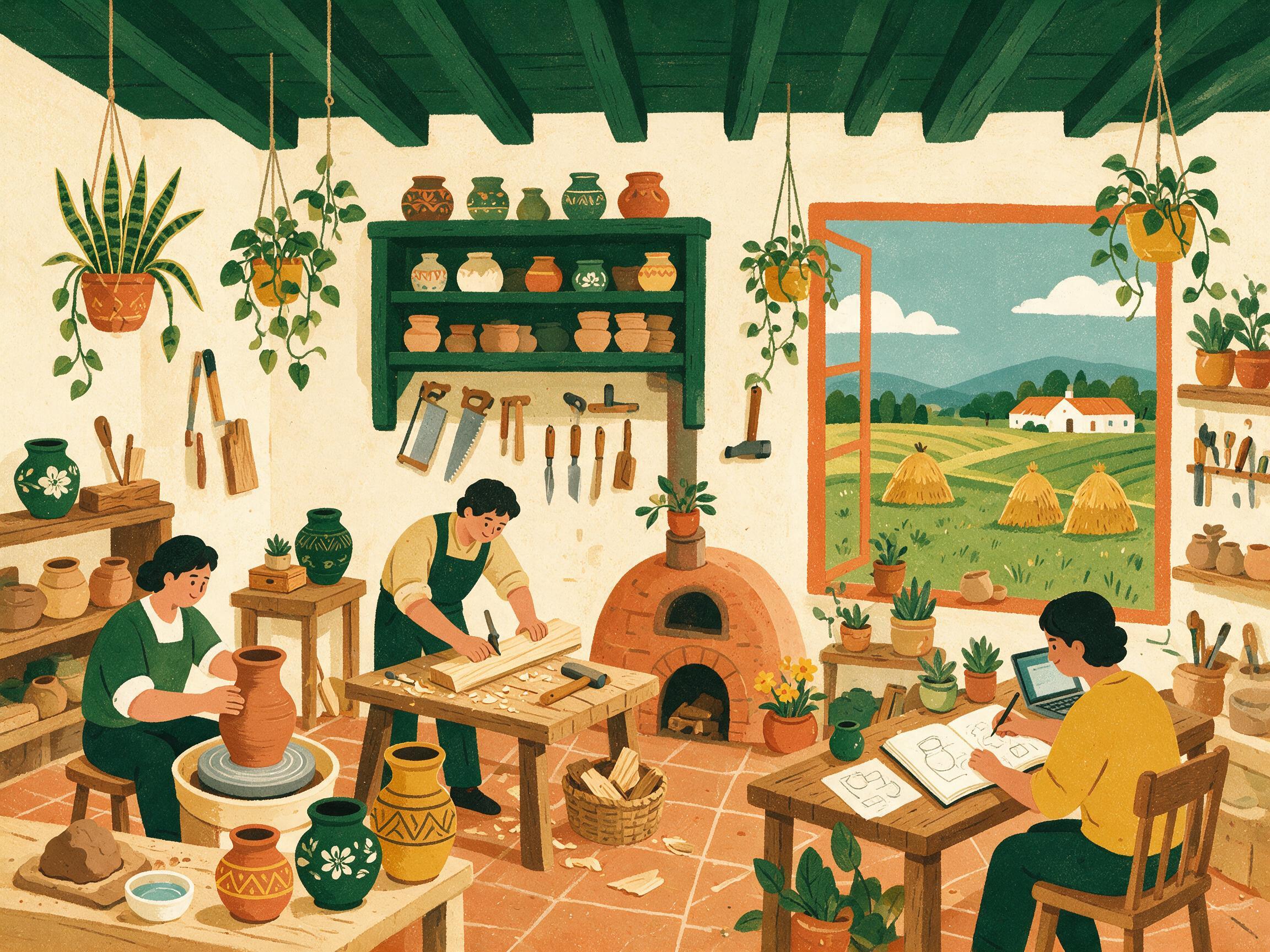 Ilustración de un taller con jóvenes trabajando en cerámica, carpintería y diseño