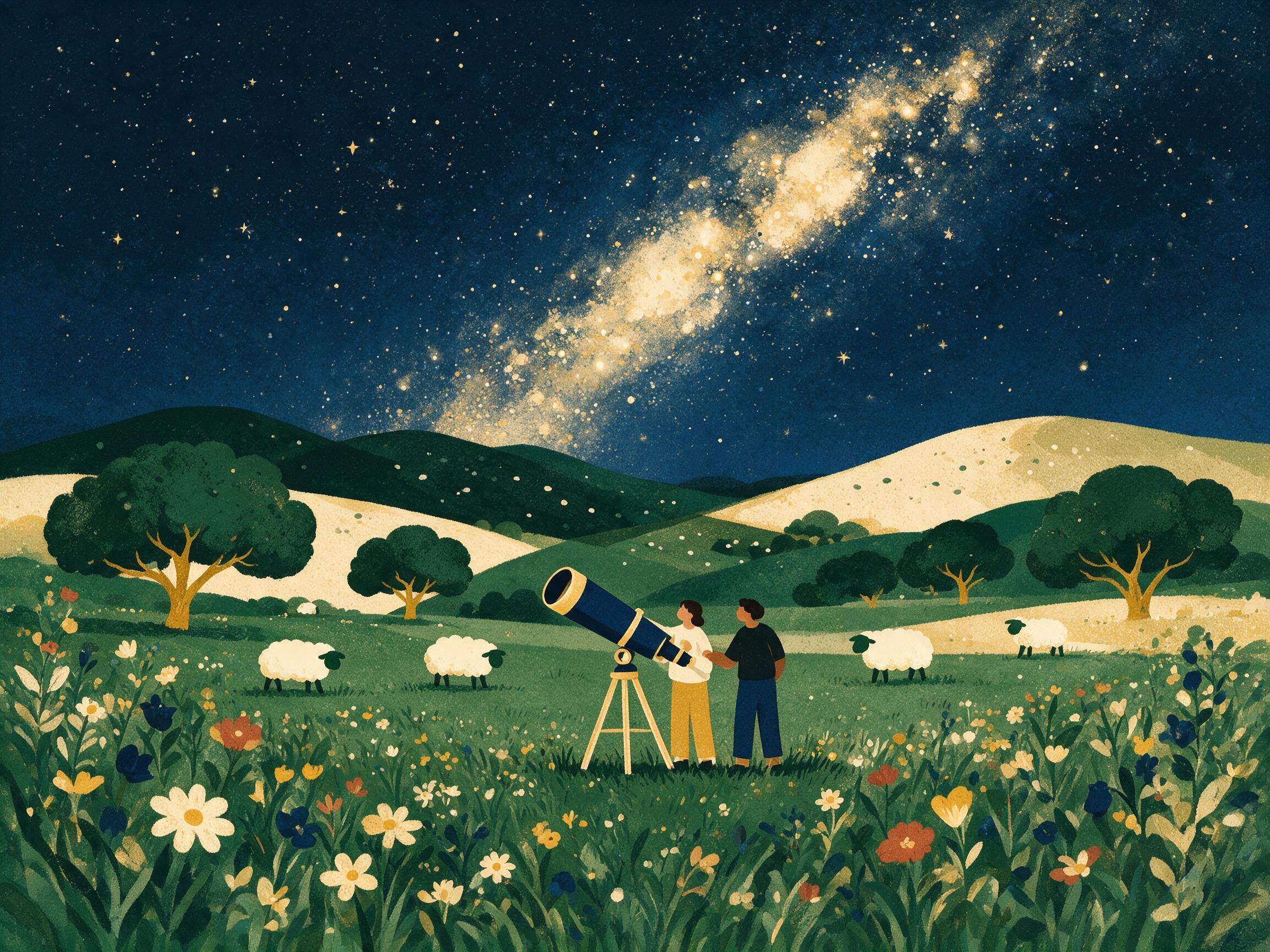 Ilustración de dos personas observando un cielo estrellado con un telescopio