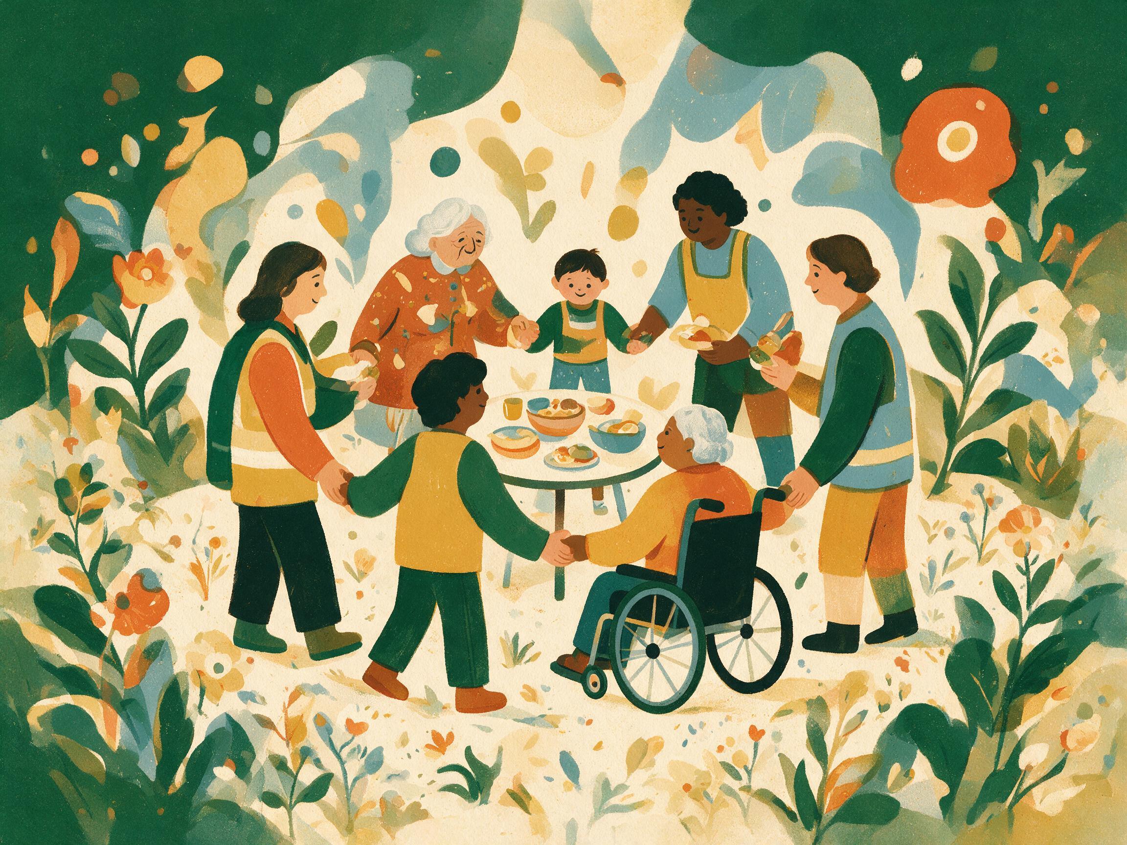 Ilustración de un grupo diverso de personas compartiendo mesa y cuidados