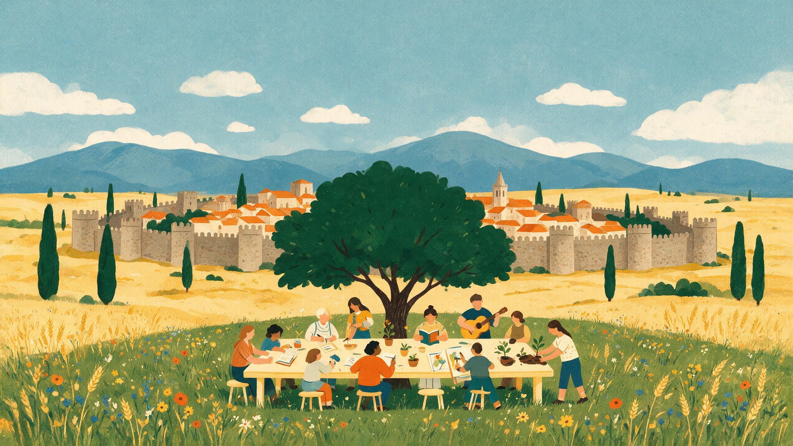 Ilustración de la muralla de Ávila sobre la llanura castellana, con la Sierra de Gredos al fondo y personas compartiendo mesa bajo un árbol